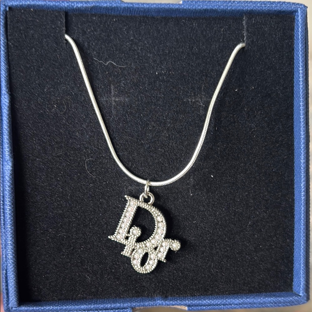 Authentic Dior Silver Pearl Embellished Pendant w/ Chain